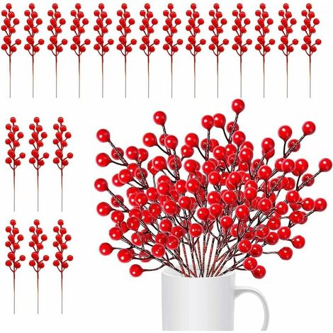 baies de Noël artificielles branches houx fausses en 20 plastique rouges (1/5)