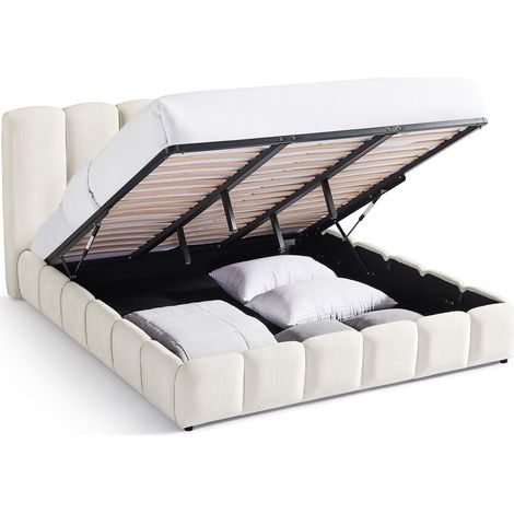 Lit coffre adulte 180x200 cm avec tête de lit capitonnée en tissu chenille beige - Nils