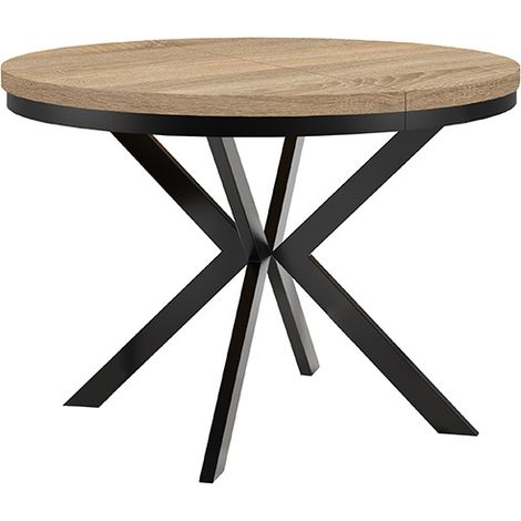 Table de salle à manger ronde extensible ENDIK avec cerclage métallique, diamètre : 100 / 200 cm, couleur :Sonoma / noir (1/3)