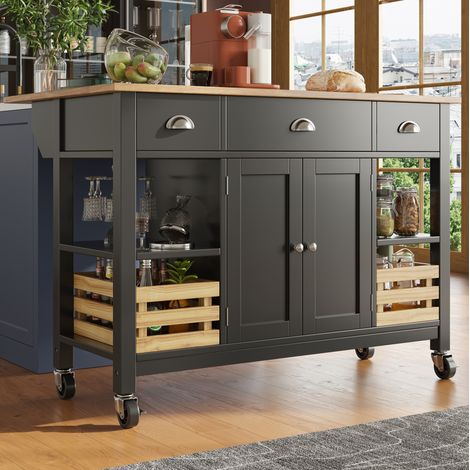Kücheninsel 120x45x90 cm schwarz/natur MDF mit klappbarer Tischplatte, Rollen und Stauraum (1/5)