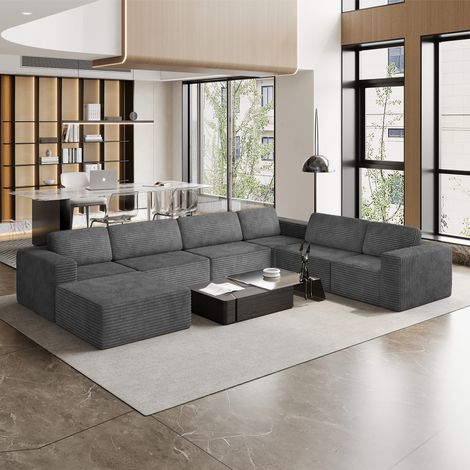 Canapé Modulaire Panoramique 7 places ouvert à gauche,Velours côtelé,1 Pouf,Canapé Compressé pour Grand Salon,404x303x82cm,Gris