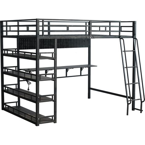 Letto a soppalco nero in metallo con ripiani, USB, scala 4 gradini, 140 x 200 cm (1/5)