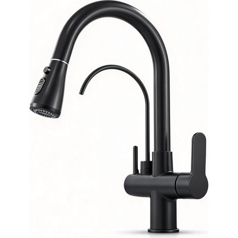 Mitigeur Évier Cuisine 3 Voies – Eau Filtrée, Chaude et Froide – Acier Inoxydable 304 Brossé – Douchette Extractible 3 Modes – Bec Pivotant 360° – Noir (1/5)