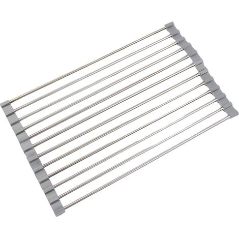 Égouttoir à enrouleur rétractable en acier inoxydable - Se place au-dessus de l'évier - Égouttoir de cuisine - Étagère pliable - Gris multifonctionnel (1/5)