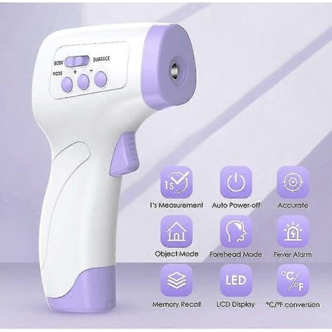 Thermomètre frontal infrarouge pour adultes, alerte fièvre, sans contact, écran LCD, fonction mémoire et historique des températures intégré. (1/5)