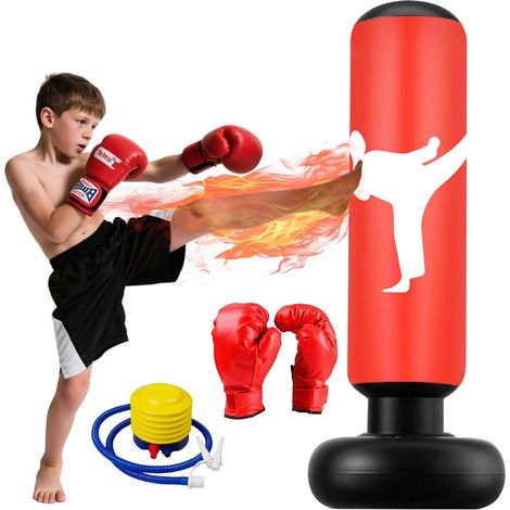Sac de Frappe Enfant, 160cm Sac de Boxe avec Gants et Pompe, Gonflable Punching Ball Enfants pour Taekwondo Karaté, 3-12 Ans Cadeaux pour GarçOns et Filles Set de Boxe pour Bureau,Gym,rouge (1/5)