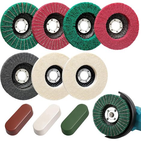 Ensemble de disques abrasifs et de disques de polissage de 115 mm – 5 disques à lamelles en nylon, 2 disques de polissage en laine et 3 pâtes à polir pour meuleuses d'angle, disque de nettoyage pour m (1/5)