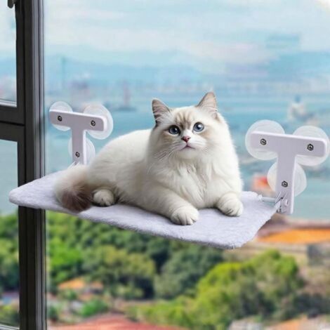 Amaca per gatti da finestra 52 x 30 cm, cuccia per gatti, da finestra, tappetino reversibile, cuccia pieghevole con ventose resistenti fino a 18 kg (grigio con piuma, 52 x 30 cm) (1/5)
