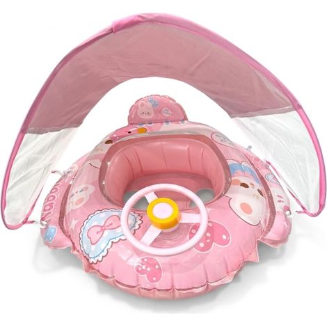 Bouée de Natation Bébé en PVC avec Auvent Anti-Soleil, Flotteur pour Tout-Petit Équipé d’un Volant de Jeu et Motifs Imprimés, Anneau Flottant Sécurisé pour Piscine Plage et Loisirs Aquatiques Estivaux (1/4)