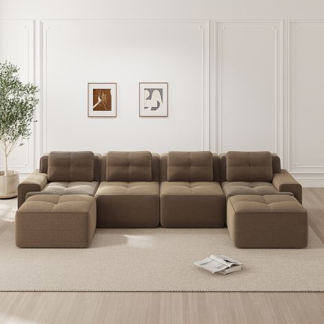 Canapé désossé salon,modulaire avec chaise longue U,canapé profond 4 places velours,sans assemblage,antidérapant,marron