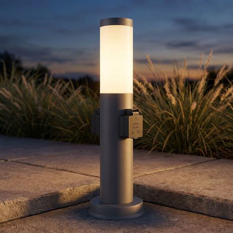 Stehlampe Außenleuchte mit Steckdose Edelstahl Sockellampe Garten Wegeleuchte, opal anthrazit, 1x E27 Fassung, DxH 12,7x45 cm (1/5)