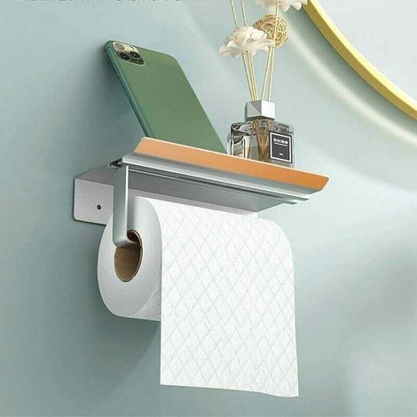 Wandmontierter Toilettenpapierhalter aus Aluminium (perforiert/nicht perforiert) mit geräumigen Ablagen, geeignet für Bad und Küche (Silber) - Crezuo