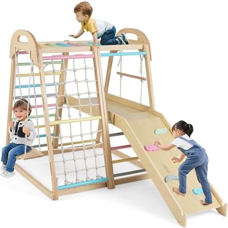 COSTWAY 8 in 1 Set Arrampicata per Bambini, Palestra Montessoriana in Legno con Scivolo Barra Altalena Scala a Corda Scala e Rete, Parco Giochi per Bambini 3-5 Anni (Multicolore) (1/3)
