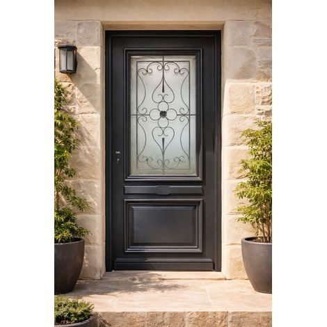 Puerta de entrada de madera con cristalera Candice Gris Anthracita, H.215xL.90 cm, con tablero lateral derecho, pomo, bombín, botón y GD MENUISERIES (1/5)