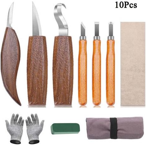 Kit d'outils de sculpture sur bois 10 en 1,comprenant un crochet de sculpture, un outil de sculpture sur bois, un outil de sculpture sur copeaux et des gants. (1/5)