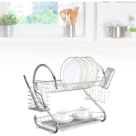 Égouttoir à vaisselle 2 étages grande capacité, support stable pour cuisine, séchoir à assiettes solide pour maison (1/5)