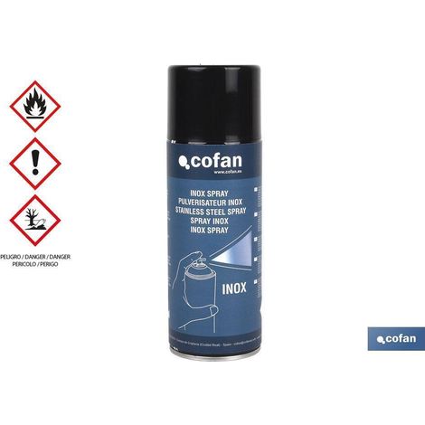 COFAN inox spray 400 ml , Esmalte en spray, protector de superficies metálicas. Impregna una capa a base de acero inoxidable, es apropiada para todo tipo de metales. Este esmalte e