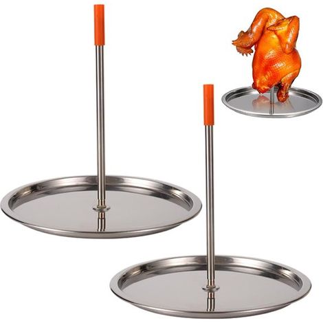 Juego de 2 soportes para pollo de acero inoxidable 304，con bandeja recogegrasa y mango resistente al calor，parrilla y barbacoa (1/5)
