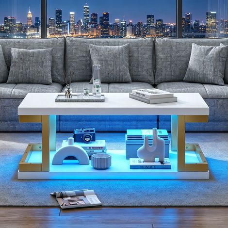 Table basse rectangulaire 100x50x37.5cm avec éclairage LED et étagère ouverte-MDF et métal-Blanc et Or (1/5)