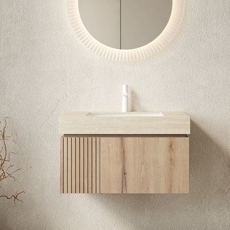 Salle de bain : gagnez de l'espace avec ce meuble vasque suspendu 76 cm, façade bois massif et plateau travertin pré-monté (1/5)