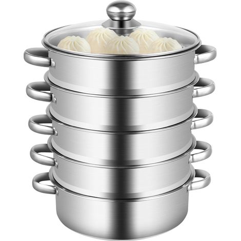 Cuit-vapeur en acier inoxydable 5 étages 26cm – Casseroles à vapeur empilable – Couvercle en verre – Compatible tous feux – Passe au lave-vaisselle (1/5)