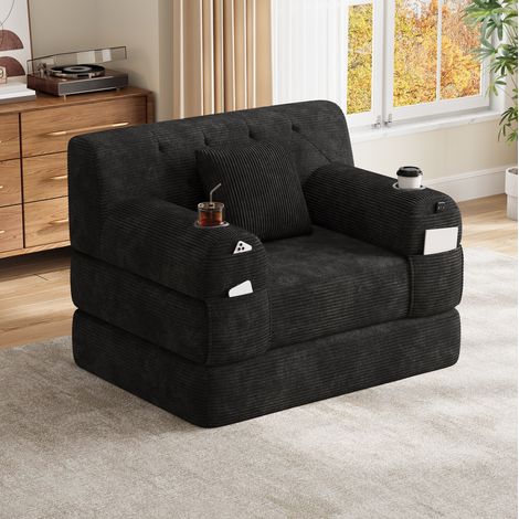 Divano compatto 107x162x60 cm con schienale alto, 4 tasche e 2 portabicchieri, rivestimento in velluto a coste - nero (1/5)