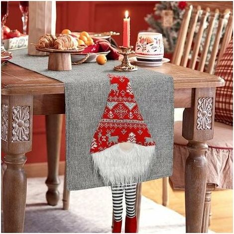 Christmas Table Runner, Christmas Gnomes with White Beard Rustic Christmas Table Linens Gray Cotton Linen Table Runner for Christmas Holiday Party Decorations (1/5)