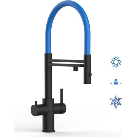 Rubinetto 5 VIE miscelatore lavello cucina in ACCIAIO INOX, canna girevole 360° e doccetta 2 getti movibile, PVD Nero Opaco / Blu (1/5)