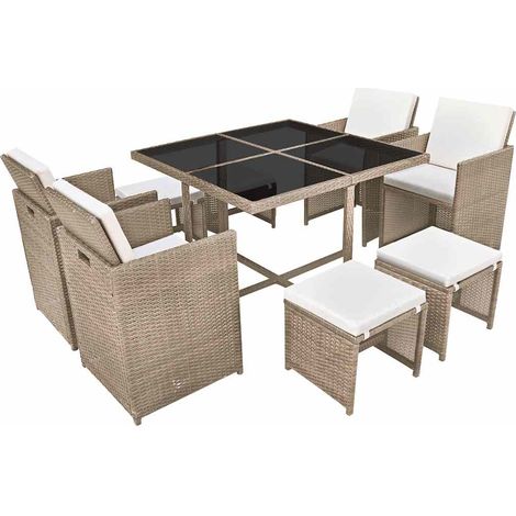 Salon de jardin encastrable avec coussins 9 pcs Contemporain, Ensemble repas de jardin, Rotin Beige OIB4960E (1/5)