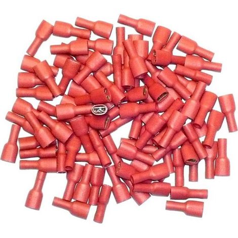 Terminales eléctricos hembra planos rojos de 6,3 mm – Paquete de 100 terminales – Doble crimpado para conexiones seguras