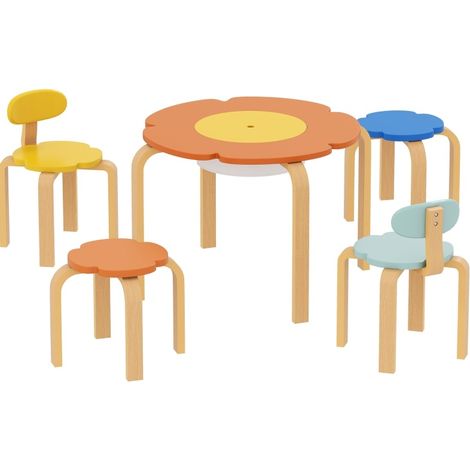 Ensemble table et chaises enfants 5 pièces en bois multicolore, forme fleur, avec rangement central, pour jeu, lecture et dessin - CHICFURN (1/5)