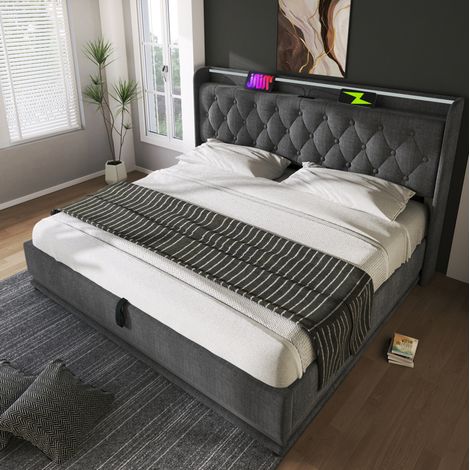 Bettgestell 180x200 cm grau aus Leinen mit LED-Beleuchtung, USB Typ-C und Stauraum (1/5)