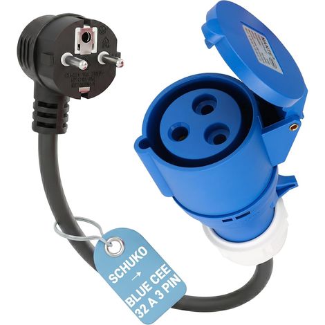 Adaptateur CEE (Fiche Schuko Mâle vers Prise Femelle CEE P17 Bleue 32 A, 3 Pôles) Câble Adaptateur 3G2,5 mm², 0,5 m / 230 V/Max. 16 A pour Chargeur VE Réglable, Garage et Atelier (1/5)
