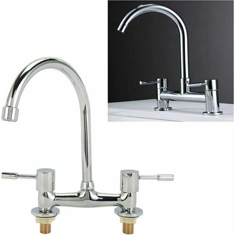 Robinet mitigeur d'évier de cuisine à 2 trous, double levier, montage sur plage, eau chaude et froide, bec pivotant, noir (1/4)