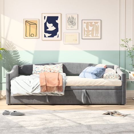 JOOKGBD-Polsterbett Schlafsofa 90/180x200cm,Doppelbett,Ausziehbares Polsterbett,Holz mit Stauraum Schubladen Multifunktionsbett,Samtstoff ,Geeignet für Wohnzimmer,Wohnungen,ohne Matratze,Grau