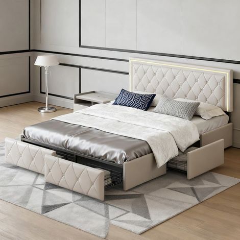 Letto 140x190 cm, LED RGB, Contemporaneo, letto per adulti, struttura letto matrimoniale 140x190 cm, PU, Beige