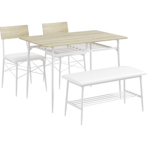 Conjunto de comedor de 4 piezas con mesa, 2 sillas y banco, 110 x 70 cm, madera efecto roble y acero (1/5)
