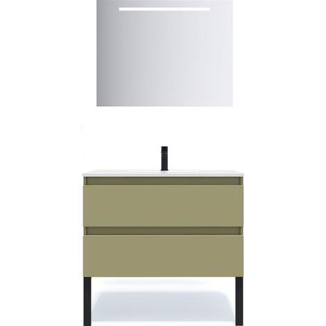 Meuble de salle de bain suspendu vasque intégrée 90cm 2 tiroirs Vert olive + miroir - Hudson (1/5)