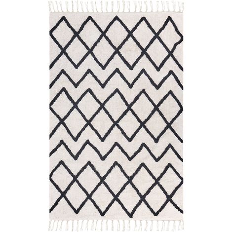 Alfombra de algodón beige claro negro 160 x 230 cm patrón geométrico flecos Eldes