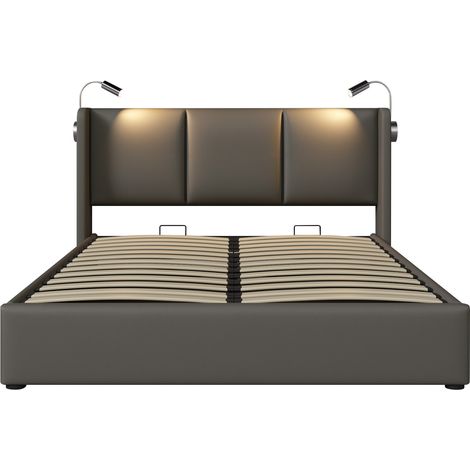 Cama con arcón 180x200 cm en PU gris con LED, 2 puertos USB y pistones hidráulicos (1/5)