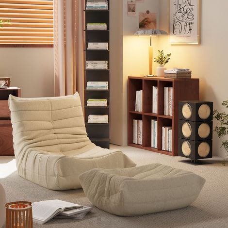 Sillón puf 1 plaza con respaldo alto 43,18 cm, espuma de alta densidad y tejido teddy beige DESVIAE (1/5)