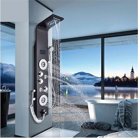 Douche à commande tactile, Panneau de douche à LED en nickel noir Six fonctions Colonne de douche Pluie Cascade Douche Massage Spa