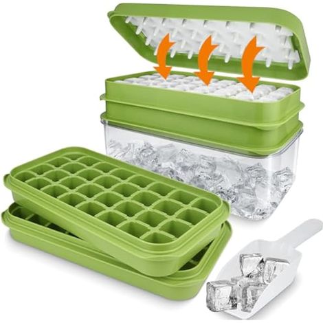 Bac à glaçons 64 pièces, moule en silicone alimentaire avec couvercle, rangement et cuillère, presse à glaçons, démoulage instantané, pour congélateur, cocktail, whisky, café, sans BPA (Vert)