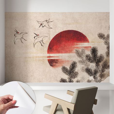 Papier peint adhésif décoratif avec colle pour salon chambre et bureau Installation rapide Lever de soleil dans la forêt 104x70 cm (1/5)