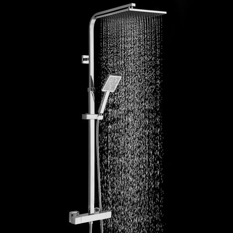 AURALUM MAX Chrom Duschsystem mit Thermostat – Thermostatarmatur, Regendusche, Handbrause & höhenverstellbare Duschstange (90–124 cm)