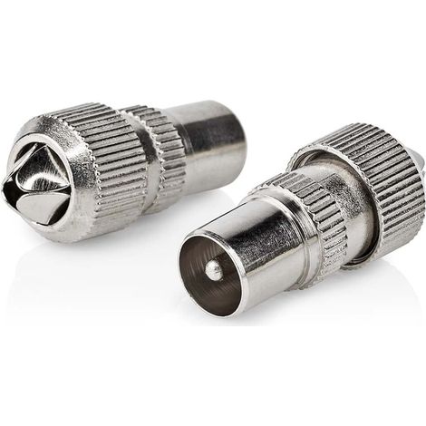 Conector IEC (Coaxial)  Recto  Macho  Niquelado  75 Ohm  Roscado  Diámetro de entrada del cable: 7.0 mm  Metal  Plata  2 uds.  Caja
