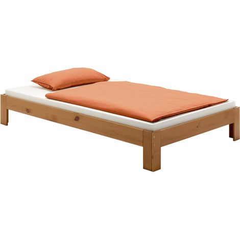 Idimex – Lit simple 120x200 cm en pin massif lasuré – Structure robuste avec barre centrale – Coins arrondis pour sécurité – Design moderne