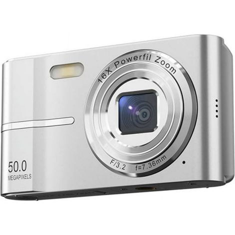 Appareil photo numérique rétro 2,4 pouces – Mini appareil photo CMOS 50 MP avec zoom 16x, enregistreur vidéo 4K, appareil photo compact argenté portable pour les voyages et une utilisation quotidienne