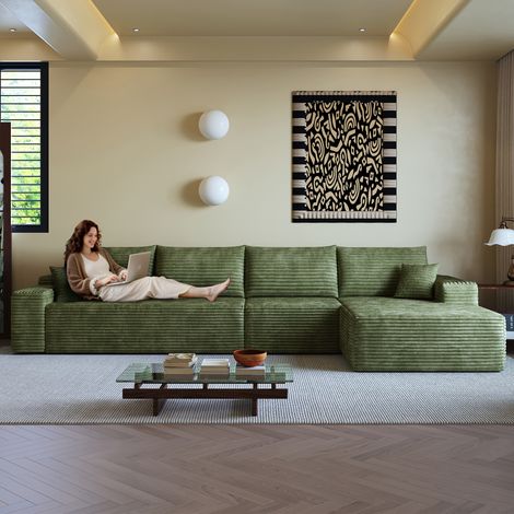 Sofá modular de 4 plazas de pana con chaise longue a la derecha, sin montaje, Verde
