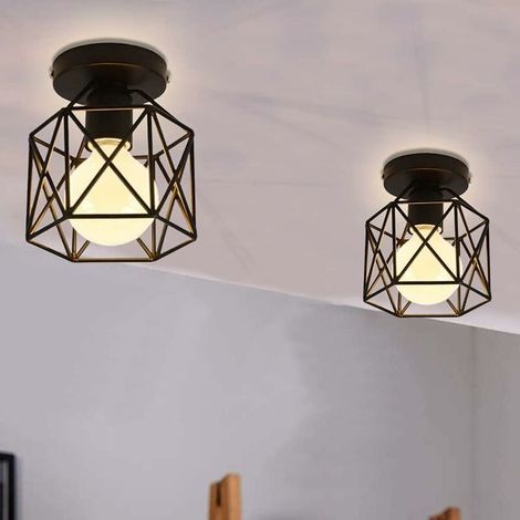 Retro Plafonnier Industrielle en Métal Carré Fer, Suspension Cage Cube Luminaire E27 pour Salon Chambre Café Bar Restaurent Entrée Couloir (Lot de 2 Noir) BLOW (1/5)